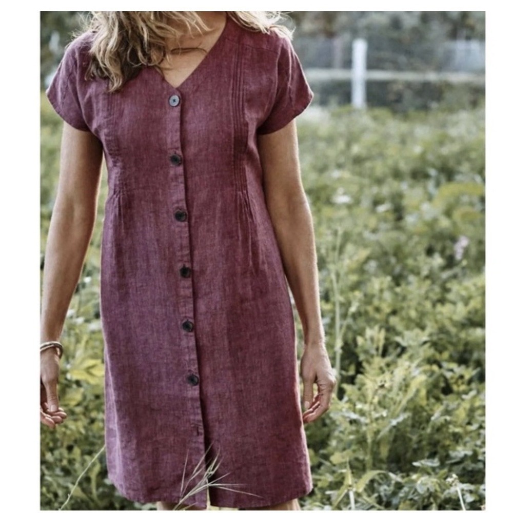 J Jill Love Linen Eggplant Shirt Dress. XS Lagenlook Minimalist Flax Simplistic